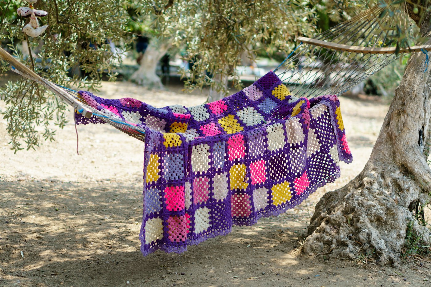 A purple granny square blanket draped over a hammock under olive trees